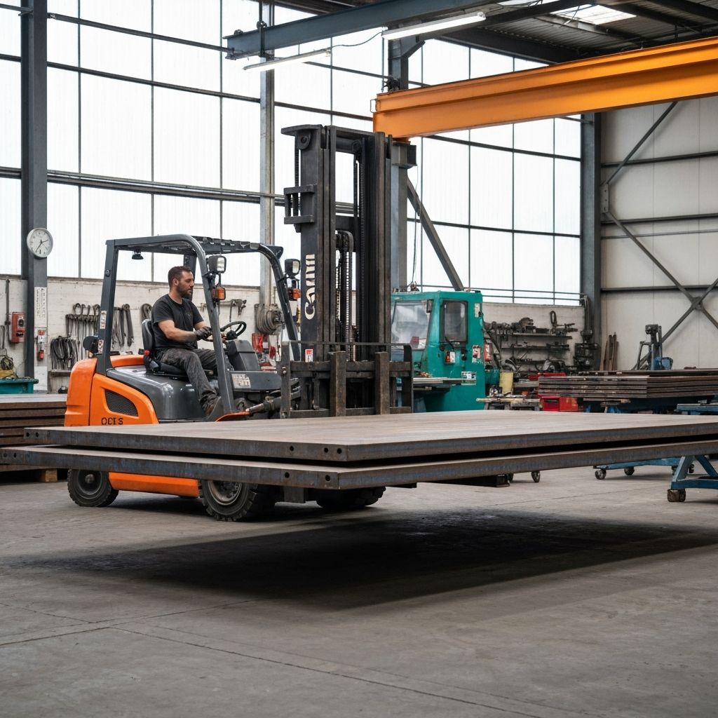 Forklift moving steel plates in workshop